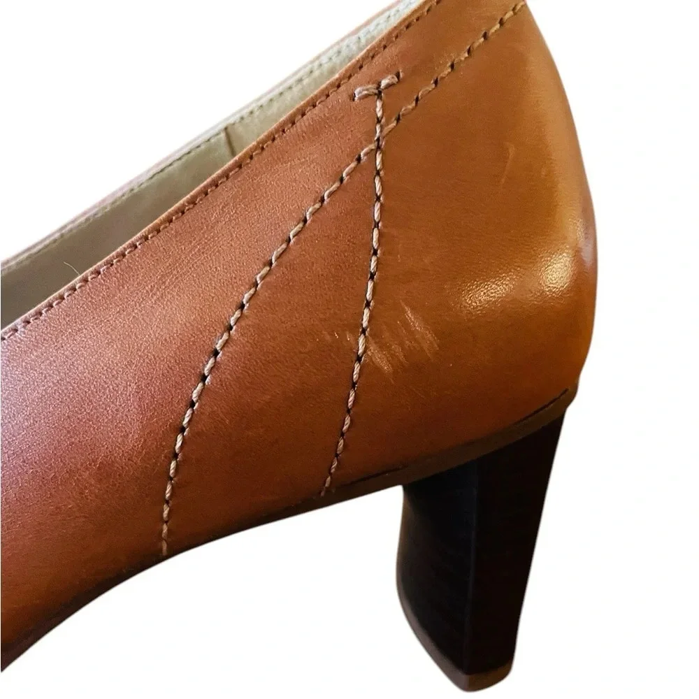 Naturalizer Melissa stitch detail leather pumps 2.25” heels SZ 6.5 cognac brown